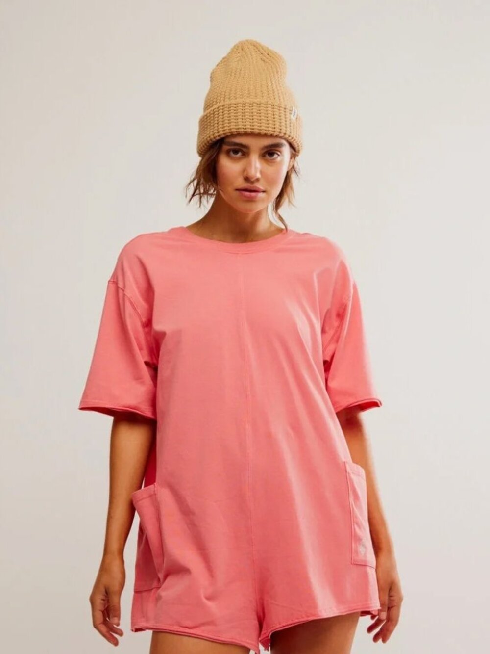 ☀️ FP Movement Free People Hot Shot Tee Romper Hibiscus Coral Pink Medium NWT